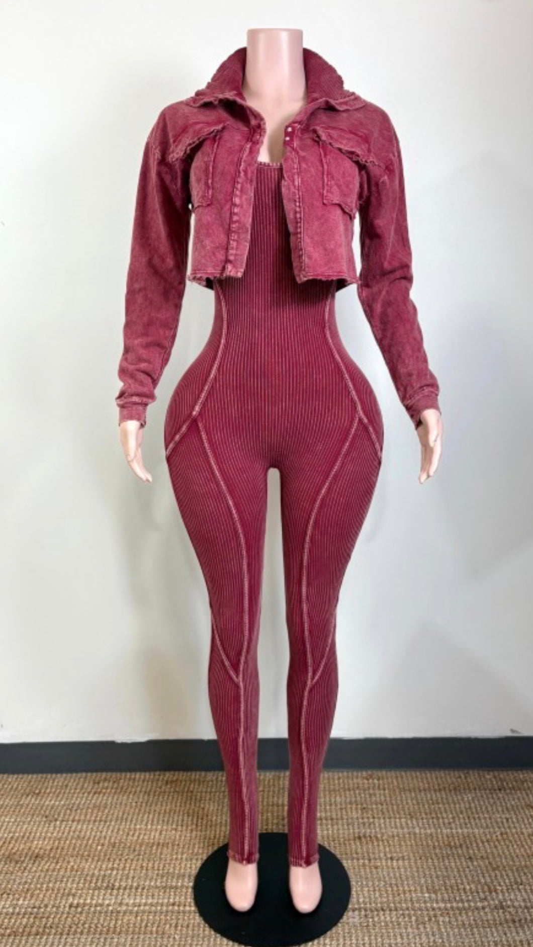 Luxe Cropped Jacket & Jumpsuit Set(wine)