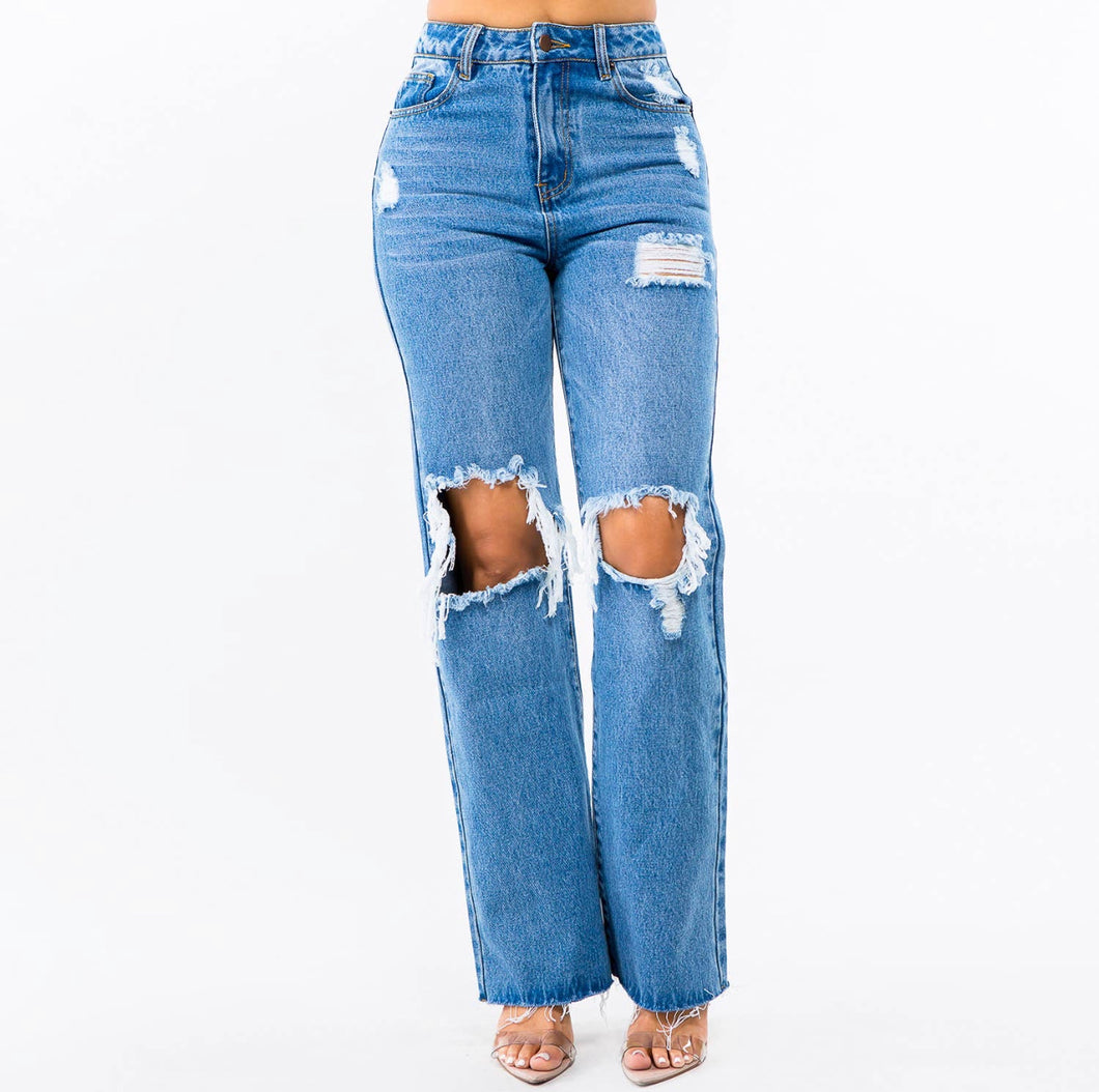 Play It Cool High Waist Wide Leg Distressed Jeans